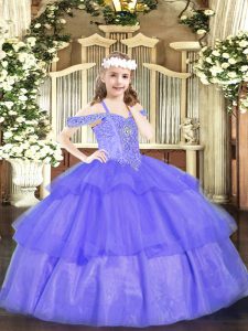 New Arrival Lavender Off The Shoulder Neckline Beading and Ruffled Layers Pageant Gowns For Girls Sleeveless Lace Up