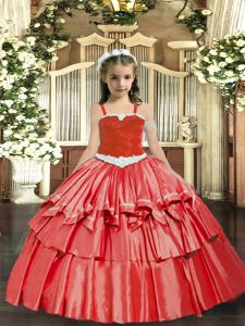 Floor Length Coral Red Pageant Gowns For Girls Organza Sleeveless Appliques and Ruffled Layers