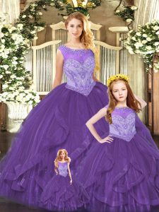 Organza Scoop Sleeveless Lace Up Beading and Ruffles Quinceanera Gowns in Purple