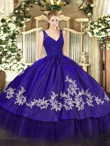 Chic Purple Taffeta Zipper Ball Gown Prom Dress Sleeveless Floor Length Beading and Appliques