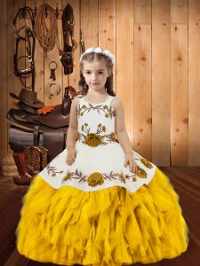 Gold Straps Lace Up Embroidery and Ruffles Child Pageant Dress Sleeveless