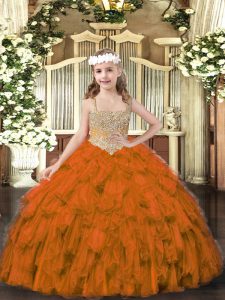 Graceful Brown Ball Gowns Tulle Straps Sleeveless Beading and Ruffles Floor Length Lace Up Little Girls Pageant Dress Wholesale