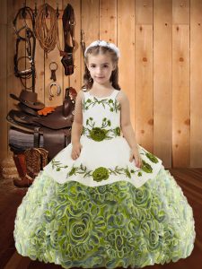 Multi-color Ball Gowns Straps Sleeveless Fabric With Rolling Flowers Floor Length Lace Up Embroidery and Ruffles Little Girls Pageant Dress