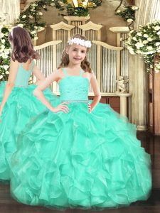 Turquoise Ball Gowns Organza Straps Sleeveless Beading and Lace and Ruffles Floor Length Zipper Kids Formal Wear