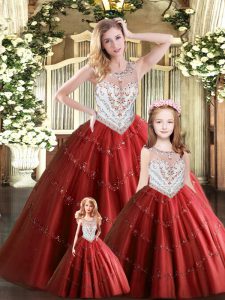 Fine Scoop Sleeveless Lace Up Sweet 16 Dress Wine Red Tulle