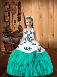 Aqua Blue Ball Gowns Straps Sleeveless Organza Floor Length Lace Up Embroidery and Ruffles Little Girls Pageant Dress Wholesale