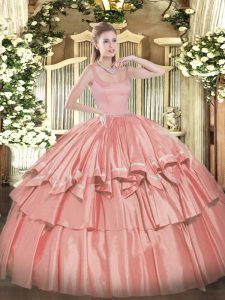 Shining Coral Red Taffeta Zipper Straps Sleeveless Floor Length Sweet 16 Dress Beading and Ruffled Layers