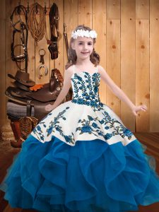 Blue Child Pageant Dress Party and Sweet 16 and Quinceanera and Wedding Party with Embroidery and Ruffles Straps Sleeveless Lace Up