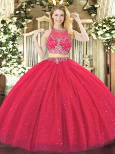 Great Sleeveless Tulle Floor Length Zipper Sweet 16 Dress in Coral Red with Beading