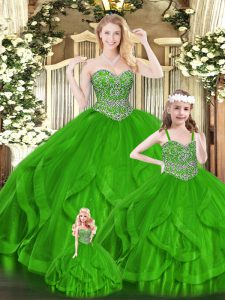 Fashion Green Quinceanera Dress Military Ball and Sweet 16 and Quinceanera with Beading and Ruffles Sweetheart Sleeveless Zipper
