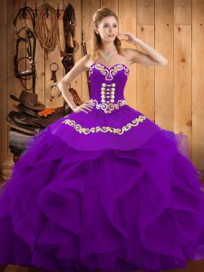 Custom Design Floor Length Purple 15th Birthday Dress Organza Sleeveless Embroidery and Ruffles