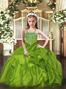 Straps Sleeveless Custom Made Pageant Dress Floor Length Beading and Ruffles Olive Green Organza