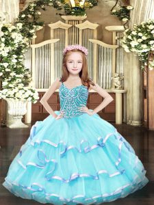 Elegant Aqua Blue Lace Up Pageant Gowns For Girls Beading and Ruffled Layers Sleeveless Floor Length