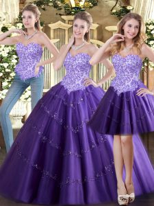 Latest Purple Sleeveless Floor Length Beading Lace Up Quinceanera Dress