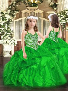 Green Organza Lace Up Girls Pageant Dresses Sleeveless Floor Length Beading and Ruffles