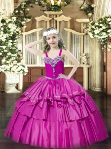 Superior Fuchsia Sleeveless Floor Length Beading and Ruffled Layers Lace Up Custom Made Pageant Dress