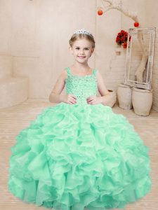 Fantastic Apple Green Lace Up Straps Beading and Ruffles Pageant Dress for Teens Organza Sleeveless