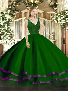 V-neck Sleeveless Zipper 15th Birthday Dress Green Tulle