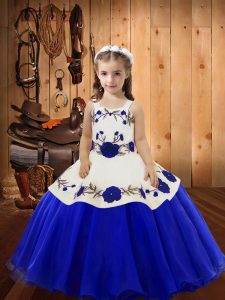 Sleeveless Floor Length Embroidery Lace Up Child Pageant Dress with Blue