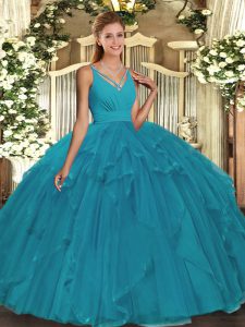 Floor Length Teal Quinceanera Dresses V-neck Sleeveless Backless