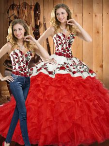 Floor Length Lace Up 15 Quinceanera Dress Red for Military Ball and Sweet 16 and Quinceanera with Embroidery and Ruffles