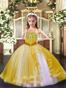 Gold Lace Up Pageant Dress for Girls Beading Sleeveless Floor Length