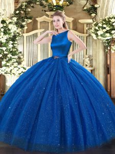 Blue Scoop Neckline Belt Quinceanera Gown Sleeveless Clasp Handle