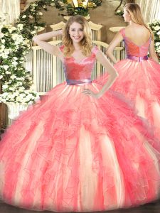 Watermelon Red Ball Gowns Tulle V-neck Sleeveless Beading and Ruffles Floor Length Zipper Ball Gown Prom Dress