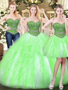 Attractive Sleeveless Tulle Floor Length Lace Up Sweet 16 Dresses in with Beading and Ruffles