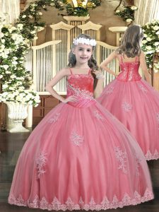 Floor Length Watermelon Red Pageant Gowns For Girls Tulle Sleeveless Appliques