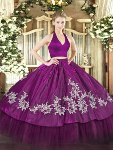 Elegant Halter Top Sleeveless 15th Birthday Dress Floor Length Appliques Fuchsia Taffeta