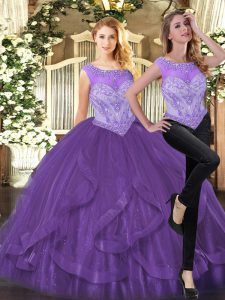 Flare Organza Scoop Sleeveless Zipper Beading and Ruffles Ball Gown Prom Dress in Purple