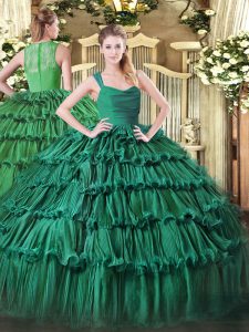 Dark Green Zipper Straps Ruffled Layers Quinceanera Gown Organza Sleeveless