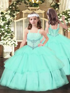 Classical Apple Green Straps Neckline Beading and Ruffled Layers Little Girl Pageant Dress Sleeveless Lace Up