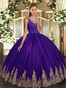 Dramatic Sleeveless Floor Length Appliques Backless Sweet 16 Quinceanera Dress with Purple