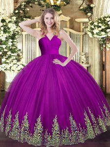 New Arrival Sleeveless Floor Length Appliques Zipper Quinceanera Dress with Fuchsia