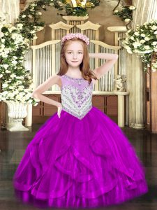 Elegant Tulle Scoop Sleeveless Zipper Beading and Ruffles Pageant Dress for Girls in Fuchsia