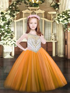 Orange Tulle Zipper Scoop Sleeveless Floor Length Glitz Pageant Dress Beading