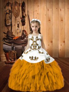 Floor Length Gold High School Pageant Dress Straps Sleeveless Lace Up