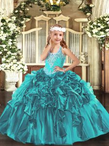 Excellent Teal Pageant Dress Toddler Party and Quinceanera with Beading and Ruffles V-neck Sleeveless Lace Up