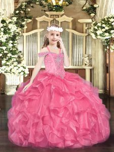 Custom Made Off The Shoulder Sleeveless Organza Pageant Gowns For Girls Beading and Ruffles Lace Up