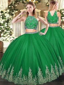 Colorful Dark Green Tulle Zipper High-neck Sleeveless Floor Length Sweet 16 Quinceanera Dress Beading and Ruffles