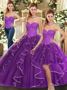 Sweetheart Sleeveless Organza Quinceanera Dress Beading and Ruffles Lace Up