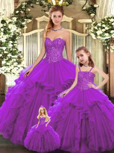 Romantic Sleeveless Lace Up Floor Length Beading and Ruffles 15th Birthday Dress