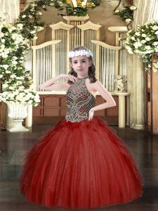 Affordable Wine Red Ball Gowns Beading and Ruffles Pageant Gowns Lace Up Tulle Sleeveless Floor Length