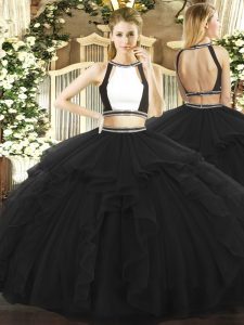 Elegant Tulle Halter Top Sleeveless Backless Ruffled Layers 15 Quinceanera Dress in Black