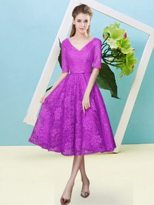 New Style Fuchsia Half Sleeves Lace Lace Up Quinceanera Dama Dress for Prom and Party and Wedding Party