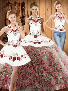 Attractive Multi-color Lace Up Halter Top Embroidery Quinceanera Dress Fabric With Rolling Flowers Sleeveless Sweep Train