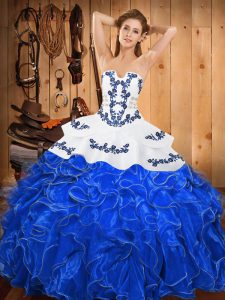 Blue And White Ball Gowns Satin and Organza Strapless Sleeveless Embroidery and Ruffles Floor Length Lace Up Vestidos de Quinceanera