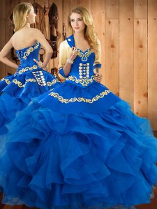 Cheap Blue Sleeveless Floor Length Embroidery and Ruffles Lace Up Quinceanera Dresses